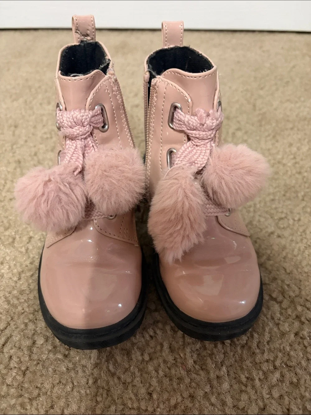 Kids Pink Pom Pom Lace-Up Boots